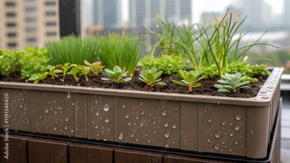 Poster a detailed shot of a single modular planter box displaying a clever irrigation system with subtle wa