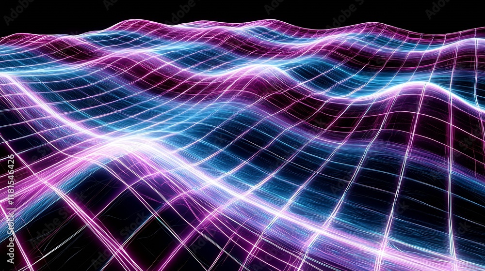 Poster abstract digital grid with electric neon waves on a black background : generative ai