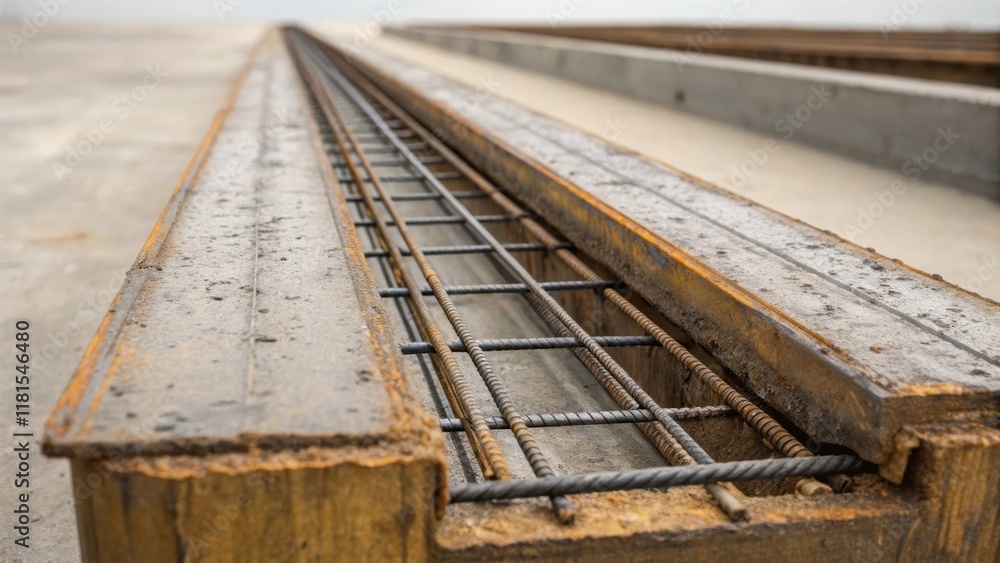 Aufkleber a detailed shot of a single precast overpass beam showcasing the intricate steel rebar framework pee