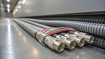 A detailed shot of an open duct revealing insulated cables meticulously bundled together within. The surface of the cables glistens and a faint sheen reflects the artificial