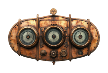 Control panel of an airship featuring detailed gauges and vintage design elements. Isolated on transparent background, png.