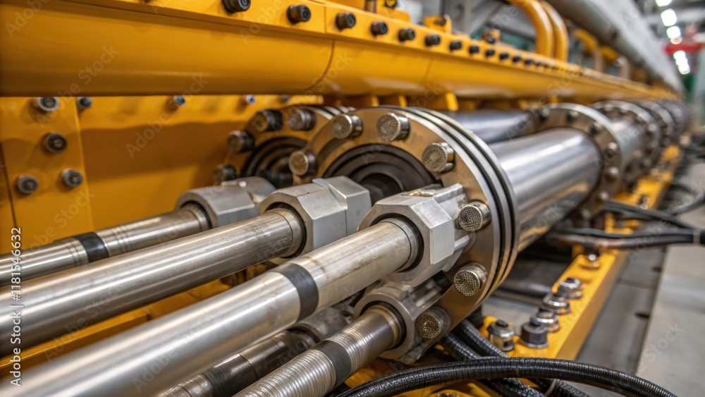 Poster a detailed shot of the robust hydraulic system featuring gleaming metallic cylinders and intricate t