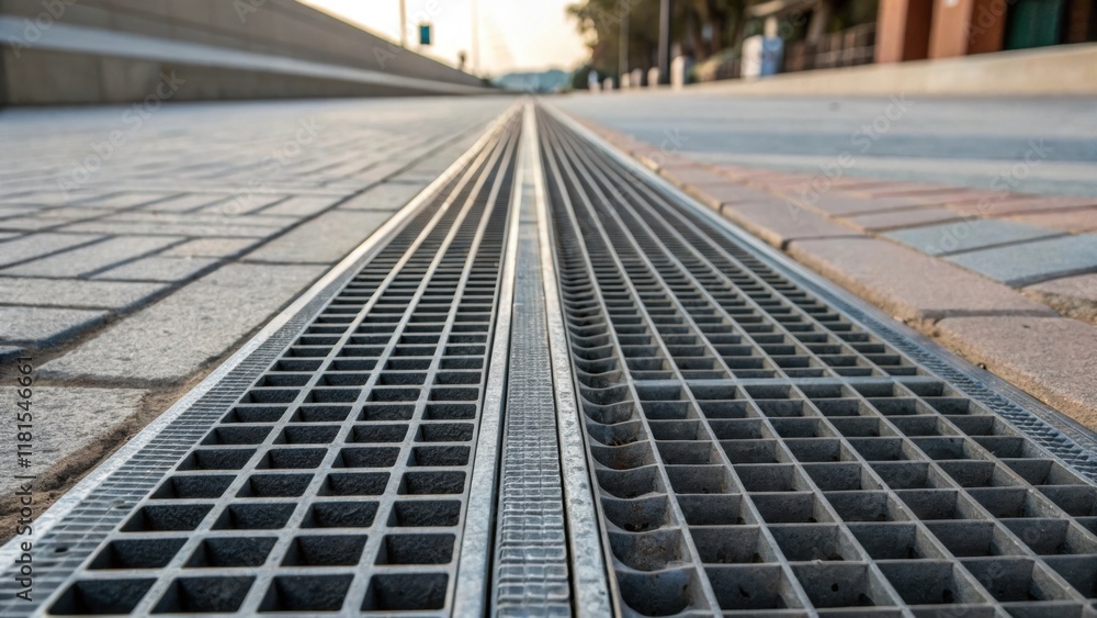 Poster a detailed shot of the interlocking edges of multiple preformed metal drain grates demonstrating the