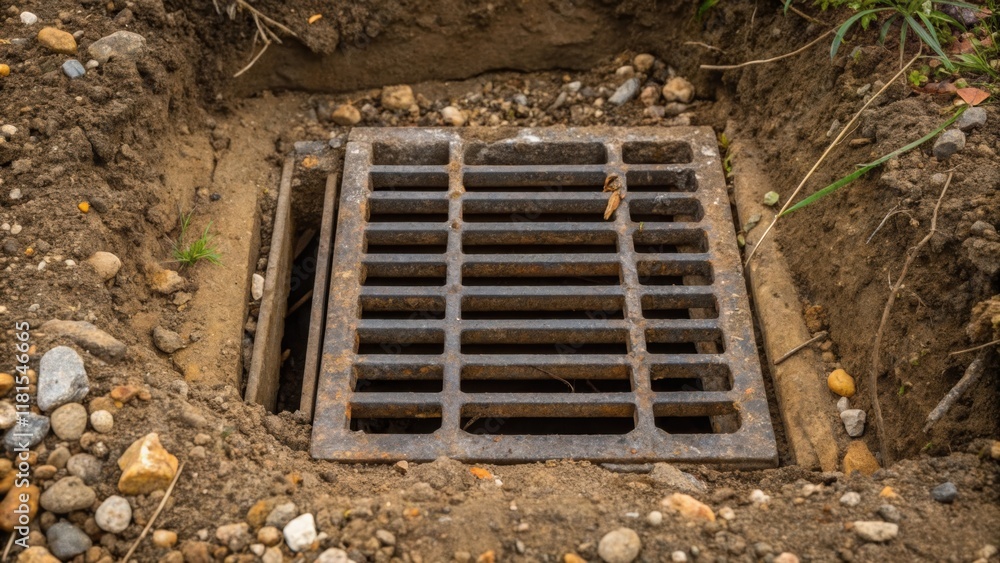 Poster a detailed shot of the metal grate of a drainage pipe partially buried in the freshly dug soil. tiny