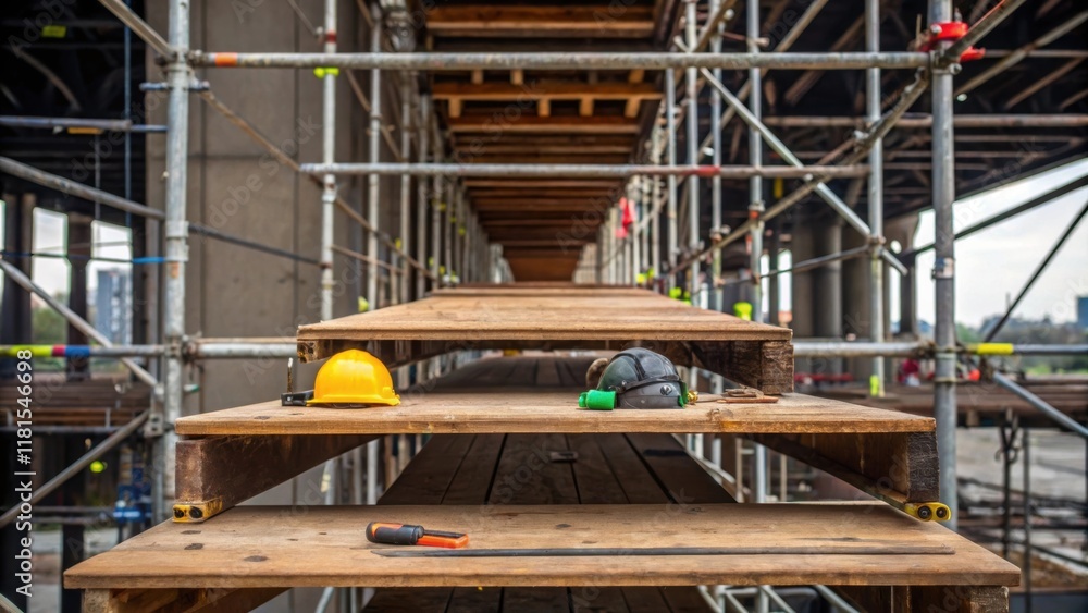 Poster a detailed shot of wooden platforms layered within the scaffolding their weathered grain contrasting