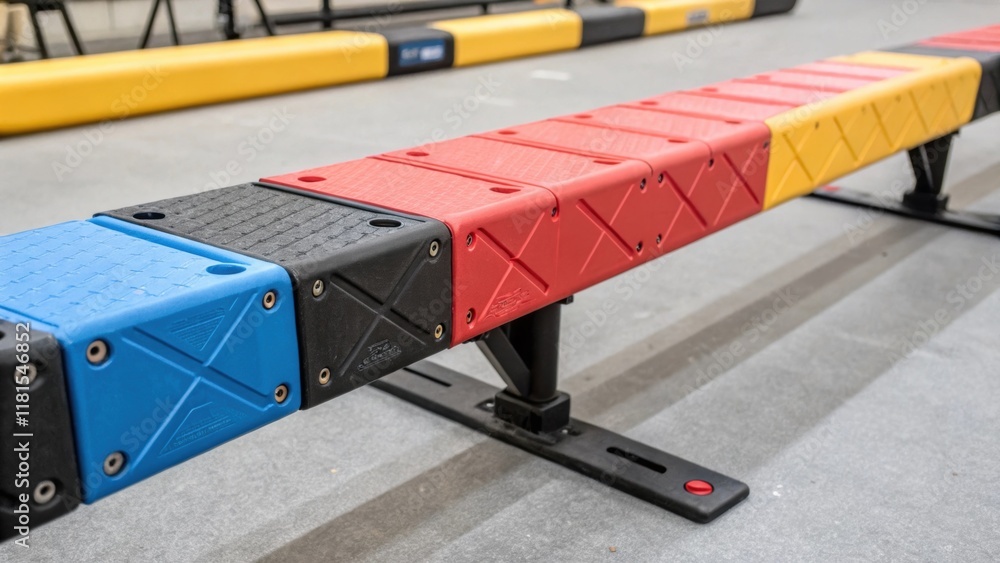 Poster A detailed view of a modular balance beam composed of sy sections with distinct color blocks. The rugged texture and secure connection points are clearly visible highlighting the