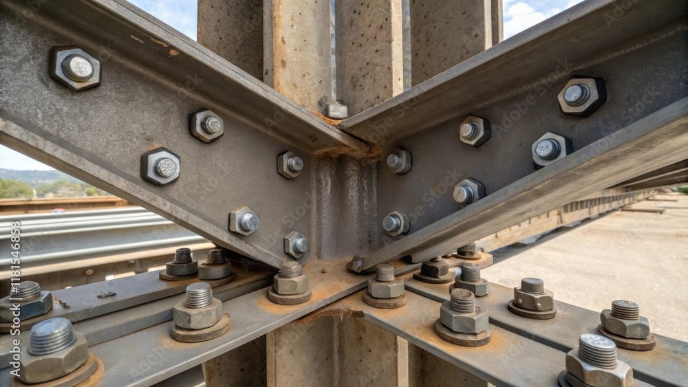 Poster A detailed view of a corner joint where two massive structural beams meet with bolts and washers tightly securing them together capturing the strength and engineering precision