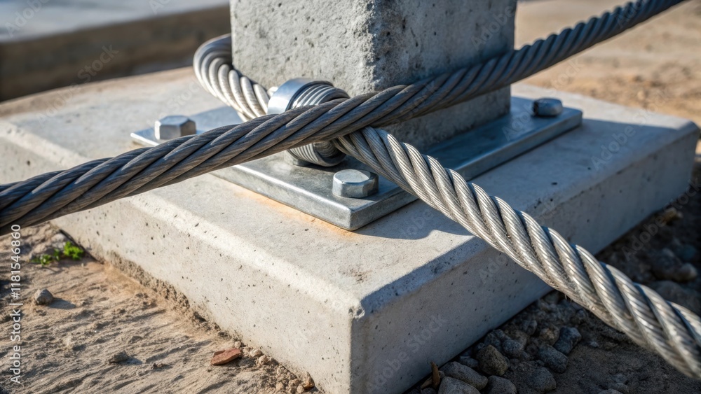 Poster a detailed view of a cables anchor point where it is secured to a large concrete base. the rugged su
