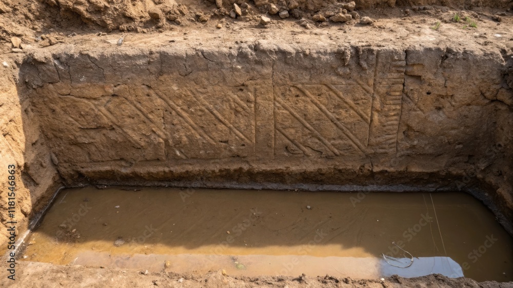 Poster A detailed view of a foundation trench shows the markings left by excavating tools showcasing scratches in the earth that depict the craftsmanship involved. In the lower part of