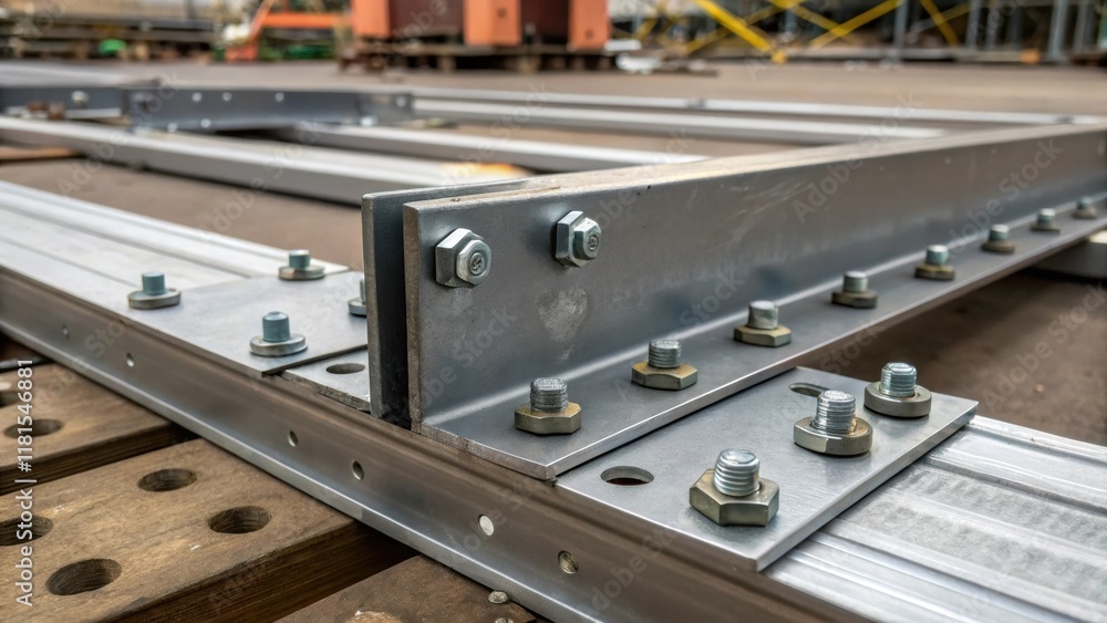 Aufkleber A detailed view focusing on the connection points where a deck panel meets the metal girder revealing the metal brackets and bolts that ensure a secure fit with constructionrelated
