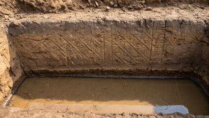 A detailed view of a foundation trench shows the markings left by excavating tools showcasing scratches in the earth that depict the craftsmanship involved. In the lower part of