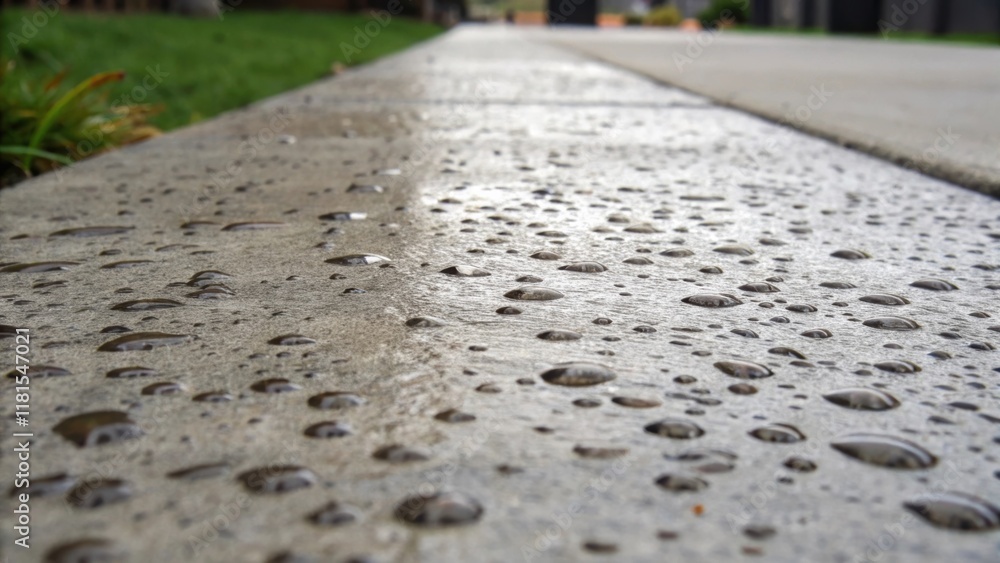 Aufkleber A detailed view of a precast walkways surface after a recent rain droplets forming on the co texture. Dark patches of moisture highlight the areas where water has pooled creating a