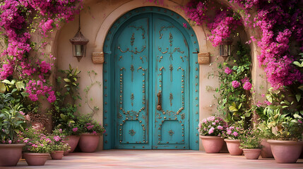 Fototapeta premium Turquoise Door Greets with Pink Bougainvillea and Potted Plants