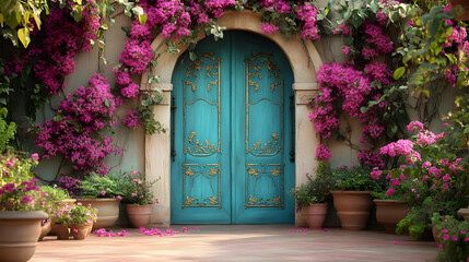 Flowers Adorn a Tranquil Entryway with Blooming Bougainvillea and Potted Plants