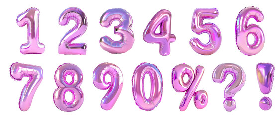 Pink metallic balloon numbers and symbols on transparent background. Ideal for ads, greeting cards, event decor, and personalized messages. Represents celebration, creativity, and joy