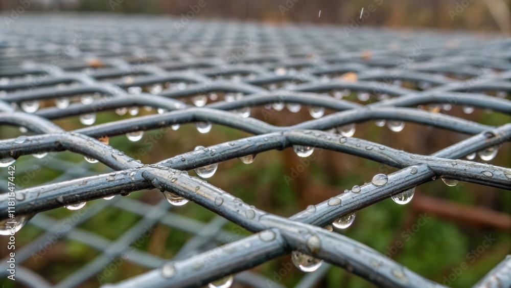 Aufkleber A detailed view of the interwoven mesh structure revealing the intricate patterns formed by the galvanized wires. The image captures droplets of rainwater clinging to the surface