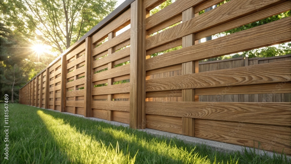 Leinwandbilder A detailed view of the solid wood grain texture of a modular fence section with sunlight filtering through the spaces between the slats casting intricate light patterns on the lush