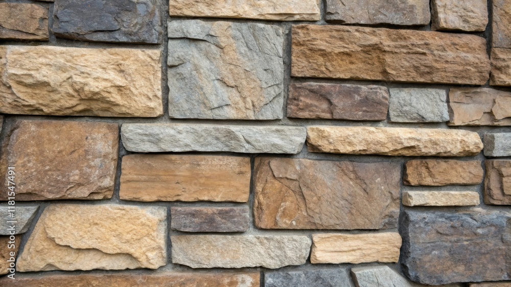 Poster a detailed view of the mortar filling the gaps between the stone veneer blocks featuring a blend of 