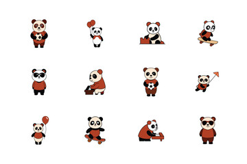 12 bundle templet of Panda Cartoon Character Icon Set  Various Positions, Vector Illustration, Line Art, Silhouettes, and Clipart