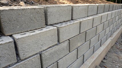 A detailed view of the joints between concrete blocks in a retaining wall emphasizing the precision of the fit and the small gaps filled with a gray mortar creating a rhythmic