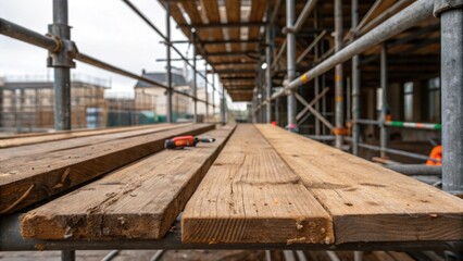 A detailed view of wooden planks laid across horizontal frames showcasing their weathered texture and splintered edges. The scaffolding reflects a temporary yet industrious