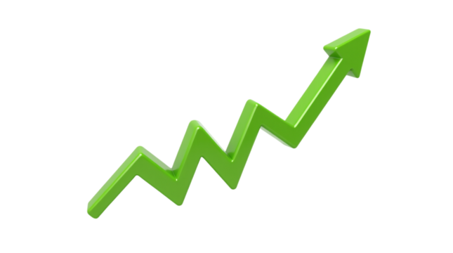 Bright Green Zigzag Arrow Representing Growth and Progress Isolated on a Transparent Background (PNG).