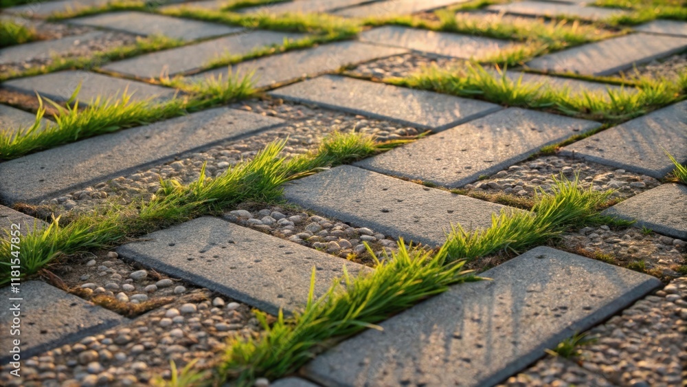 Aufkleber A diagonal view capturing the pattern of pavers interwoven with patches of grass where blades of green emerge from the joints creating a natural mosaic. The play of light across