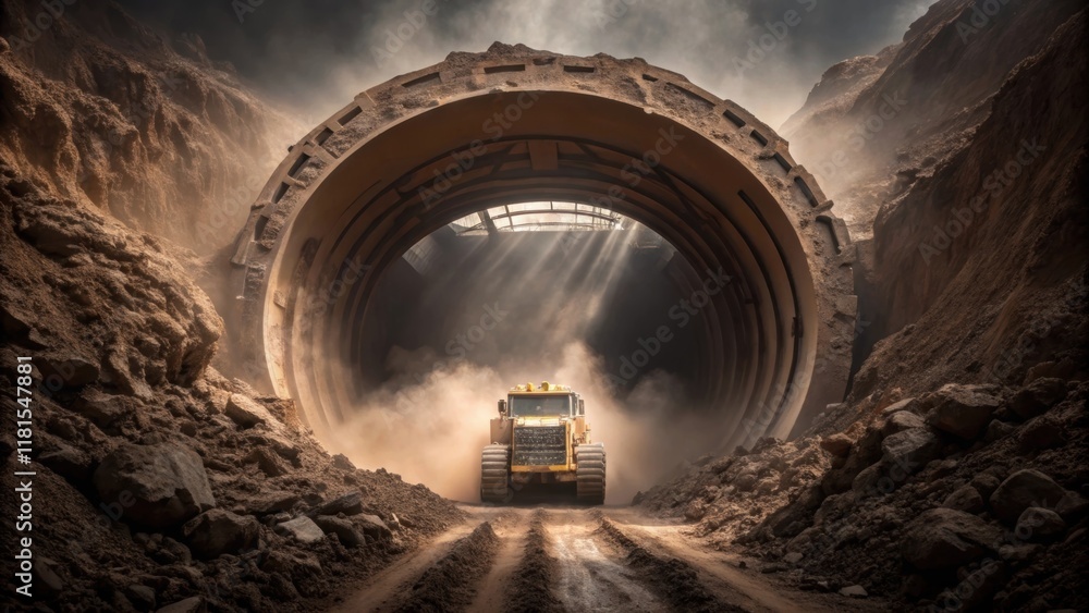 Aufkleber a dramatic angle captures a partially revealed tunnel with the tunnel boring machine nestled at the 