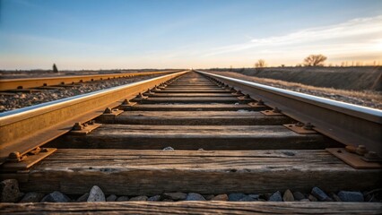A diagonal view illustrates a series of wooden sleepers lined up perfectly each revealing its unique character through variations in color and texture. Reflective steel rails span