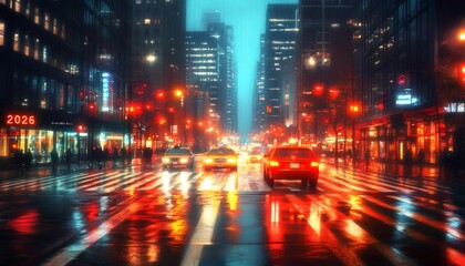 Fototapeta premium Rainy City Night, 2026 A Photorealistic Urban Scene with Vibrant Bokeh and Ample Text Space