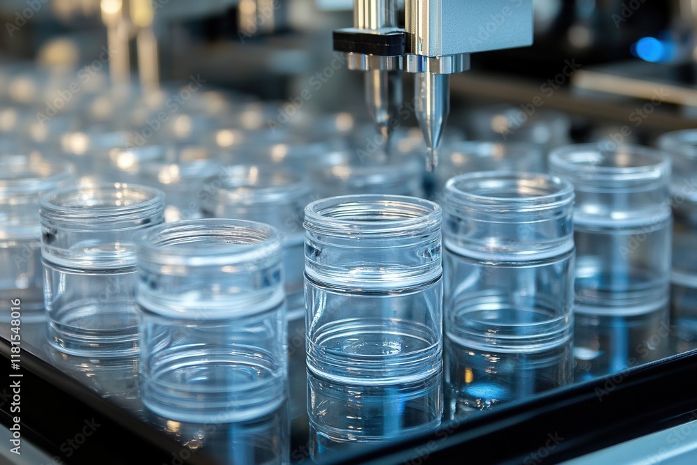Poster clear cosmetic jars on production line in factory setting
