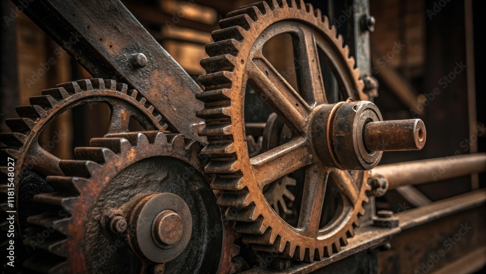 Poster A dramatic closeup of a drawbridge mechanism showcases the intricate gears and levers at work. Rusted metal contrasts with shiny new components emphasizing the blend of history and