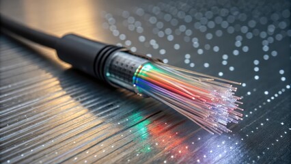 A dramatic angle focusing on a single coiled strand of fiber optic cable revealing its transparent outer layer filled with numerous colorful fibers. Tiny light pulses travel along