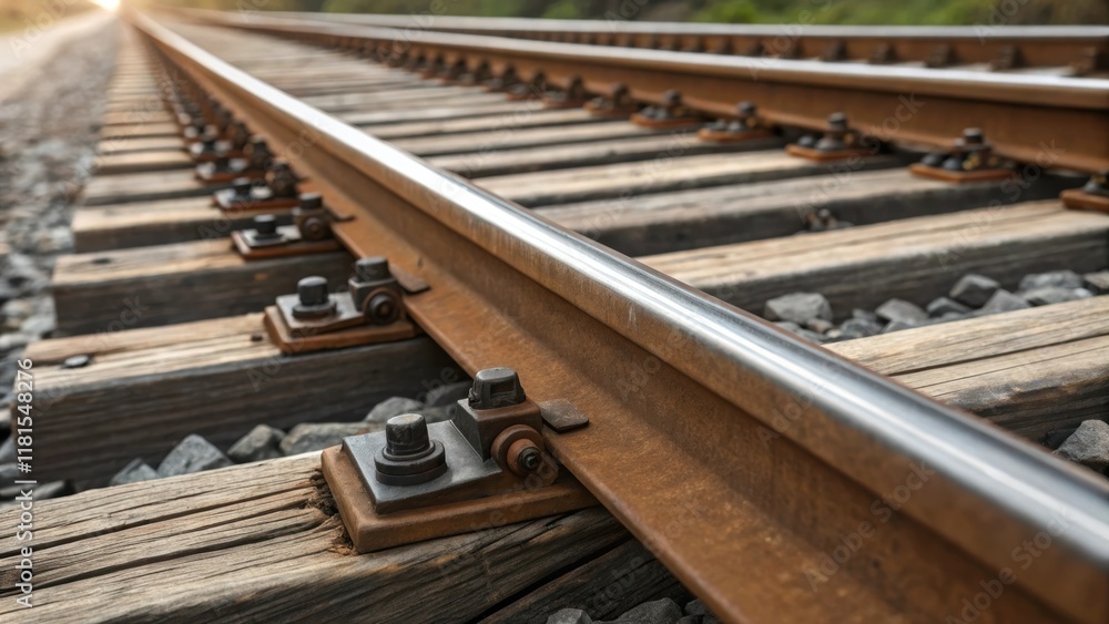 Poster a dynamic angle captures the intricate fastening system holding the rails to the wooden sleepers wit