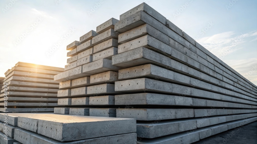 Aufkleber A dynamic angle capturing the staggered arrangement of a stack of concrete slabs emphasizing the height and layered composition of the elevated structure. The contrasting shades of