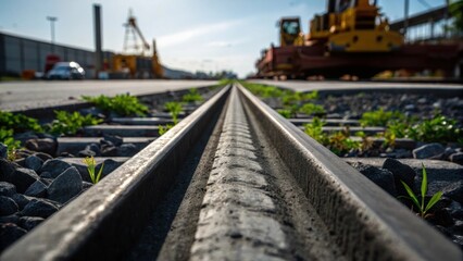 A dramatic focus on the grooves of a precast rail ties surface where the stark contrast between the dark concrete and the bright background of a construction zone reveals hints of