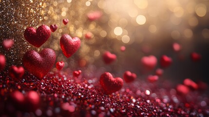 Sparkling hearts glitter love. Romantic Valentine's Day background. Festive, shimmering, celebration of affection.
