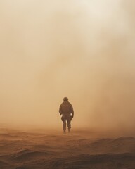 Naklejka premium Soldier walking through a sandstorm in a desert environment, highlighting the challenges faced during military operations in harsh conditions