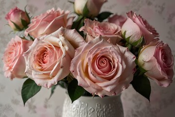 Obraz premium Boquet of pink roses in a white vase.