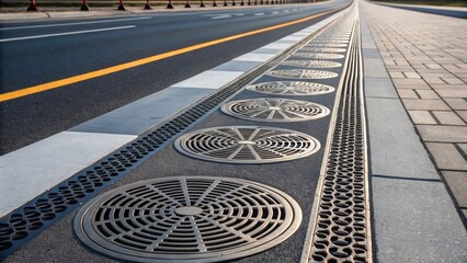 Fototapeta premium A dynamic arrangement of circular and rectangular drainage grates their patterns creating a visual rhythm along a freshly paved roadway. The interplay of light and shadow gives