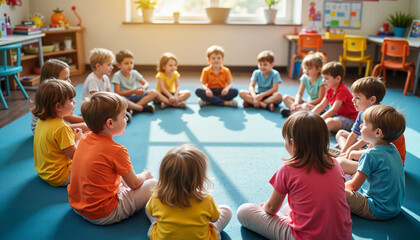 First-grade students engaging in circle time on classroom floor, learning