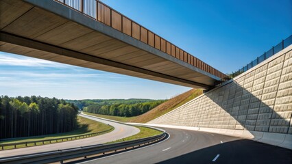 A dynamic perspective featuring the connection between the retaining wall and the inclined edge of the highway ramp above with the wall visually anchoring the ramp in place framed