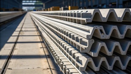 Fototapeta premium A dynamic perspective of multiple precast segments stacked in a seemingly endless lineup their uniform shapes creating a rhythmic sequence. Shadows deepen in the crevices drawing