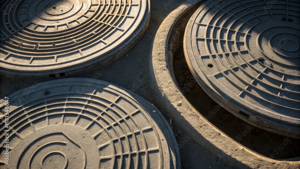 Poster aerial closeup of several manhole rings stacked together revealing the distinctive grooves and flaws
