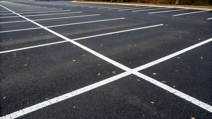 Fototapeta premium A dynamic view capturing freshly marked parking spaces the lines are a bright reflective white on the newly laid asphalt. Each space is evenly measured with invigorating contrasts