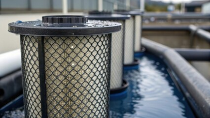 A focused view of a filtration system fitted specifically for a water retention tank highlighting a network of fine mesh screens and sediment s. The reflective surface of the