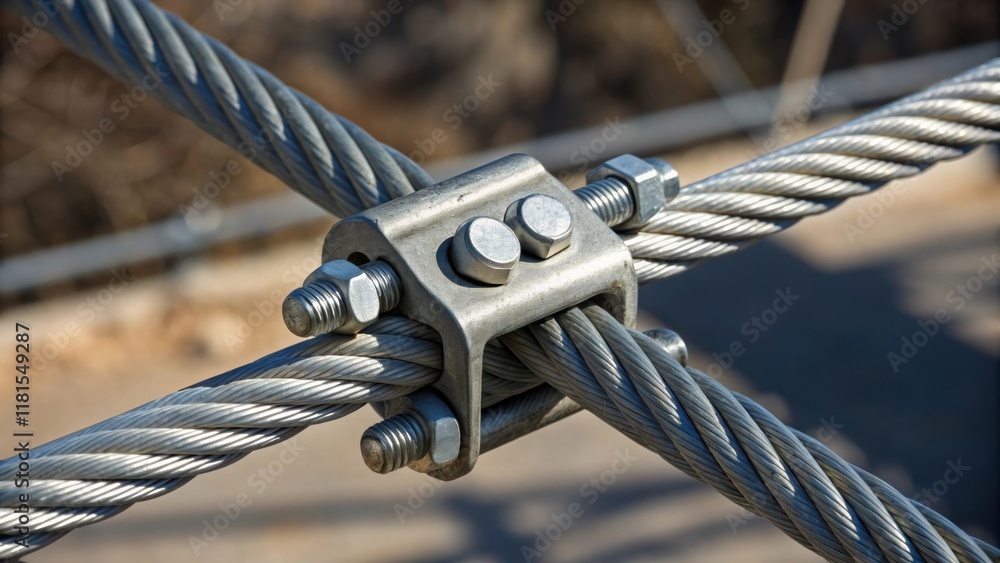 Aufkleber A focus on the tensioning mechanism of one of the cables showing the engineering details clamps gripping the wire tightly and a series of bolts securing it in place. Shadows play