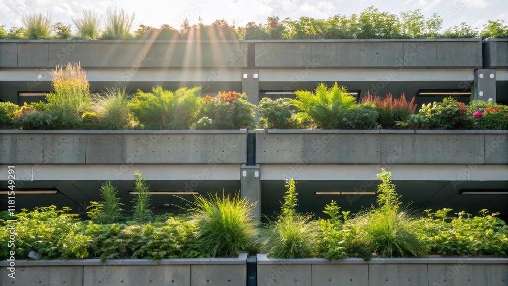 Poster a focus on the rooftop garden of a modular parking structure featuring planters overflowing with nat