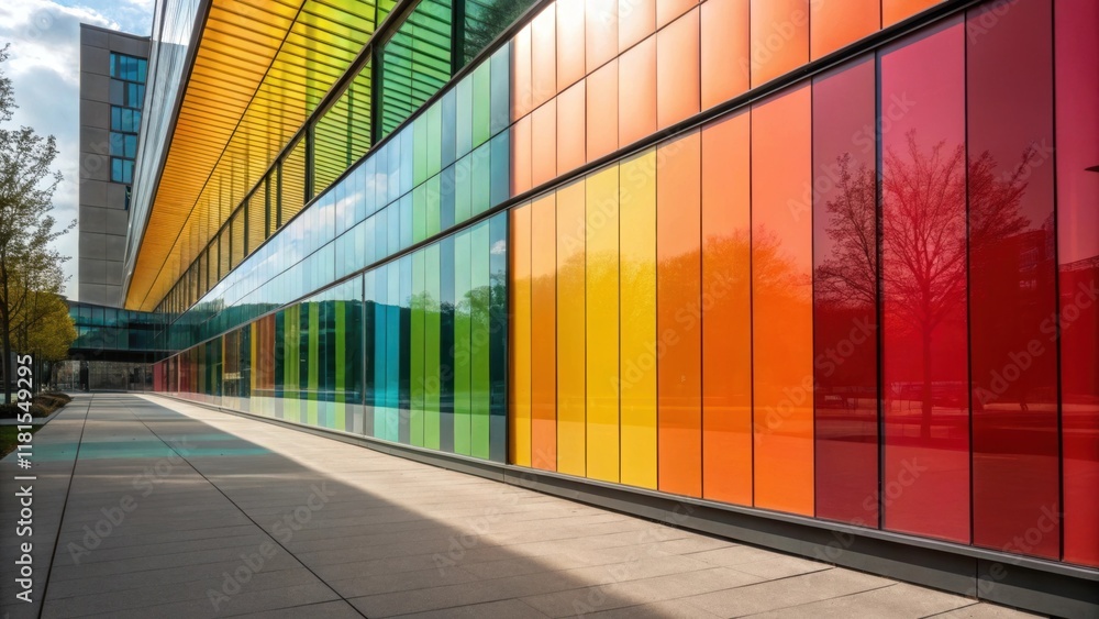 Aufkleber A focus on the play of light across the surface of brightly colored cladding panels with reflections showcasing the surrounding environment. The panels are arranged in a way that