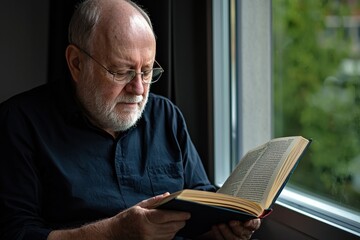 An elderly man reading a book by a window warm studio lighting isolated
